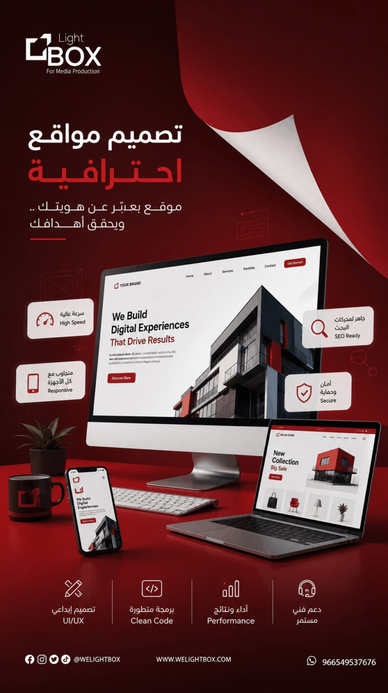 رجل يستخدم جهازًا محمولًا مع واجهة موقع إلكتروني احترافية تعبر عن خدمات تصميم المواقع الإلكترونية والمتاجر الرقمية من لايت بوكس.