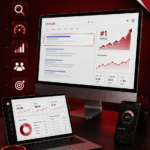 واجهة تعرض مفهوم تحسين محركات البحث SEO مع رسم بياني لتصدر نتائج جوجل وتحليل أداء المواقع بهوية لايت بوكس.