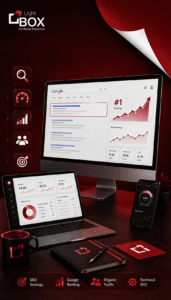 واجهة تعرض مفهوم تحسين محركات البحث SEO مع رسم بياني لتصدر نتائج جوجل وتحليل أداء المواقع بهوية لايت بوكس.