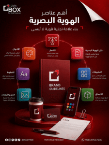 تصميم احترافي يعرض أهم عناصر الهوية البصرية الناجحة للشركات، بما يشمل الشعار والألوان والخطوط وتطبيقات العلامة التجارية، ضمن خدمات لايت بوكس لتصميم الهوية البصرية.