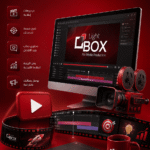 تصميم احترافي يعبر عن خدمات تصميم موشن جرافيك باستخدام عناصر ثلاثية الأبعاد وبرامج Adobe After Effects وPremiere ضمن هوية لايت بوكس الإبداعية.